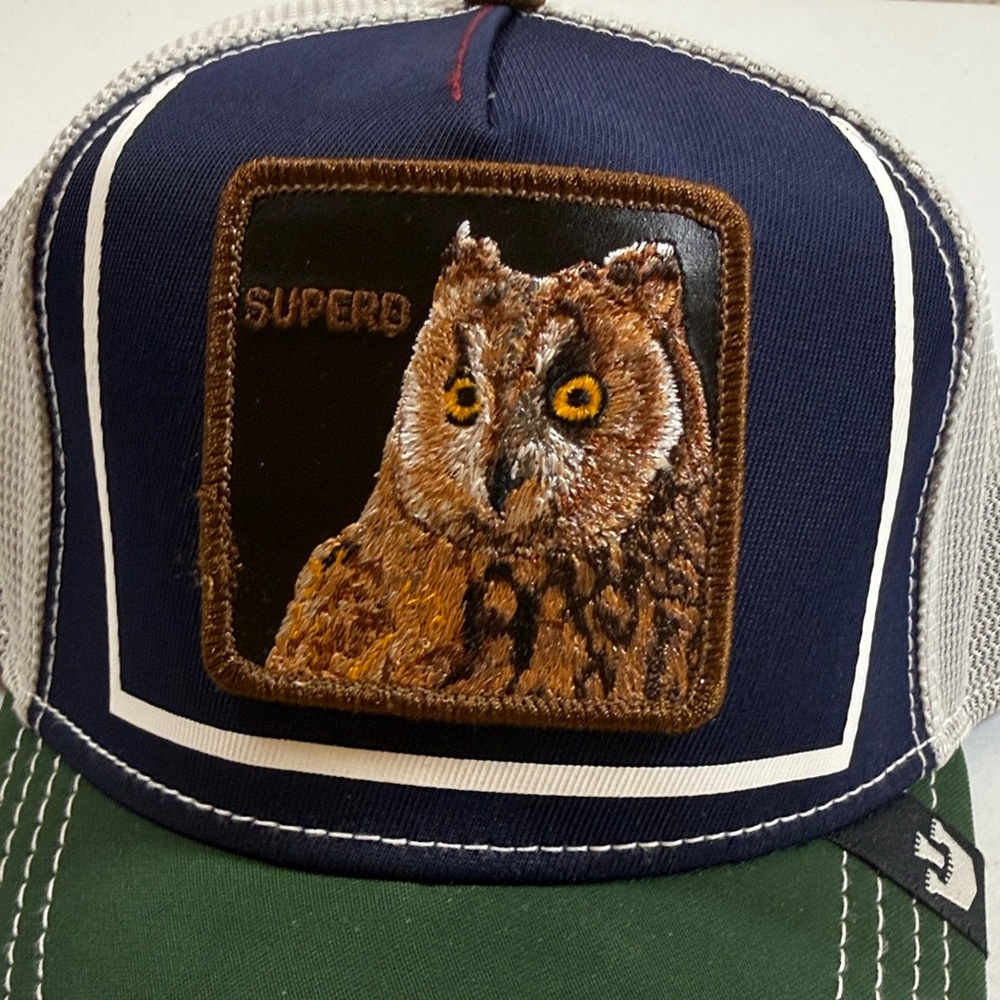 Goorin Bros Navy, Green and Gray Trucker Hat with Embroidered Owl Patch